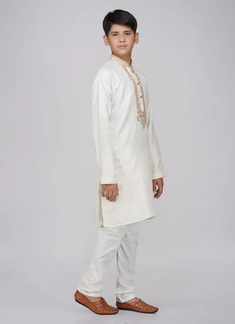 Boy's Cream Resham Brocade Kurta Set - Image 3