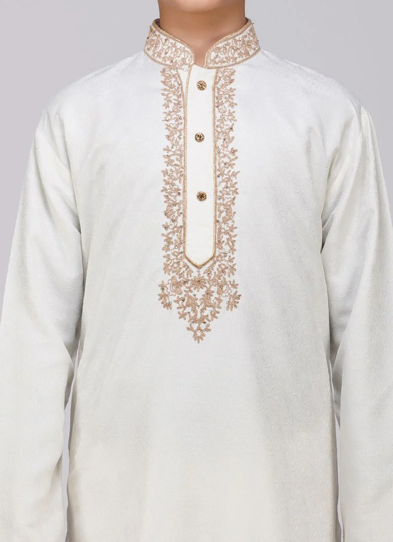 Boy's Cream Resham Brocade Kurta Set - Image 4