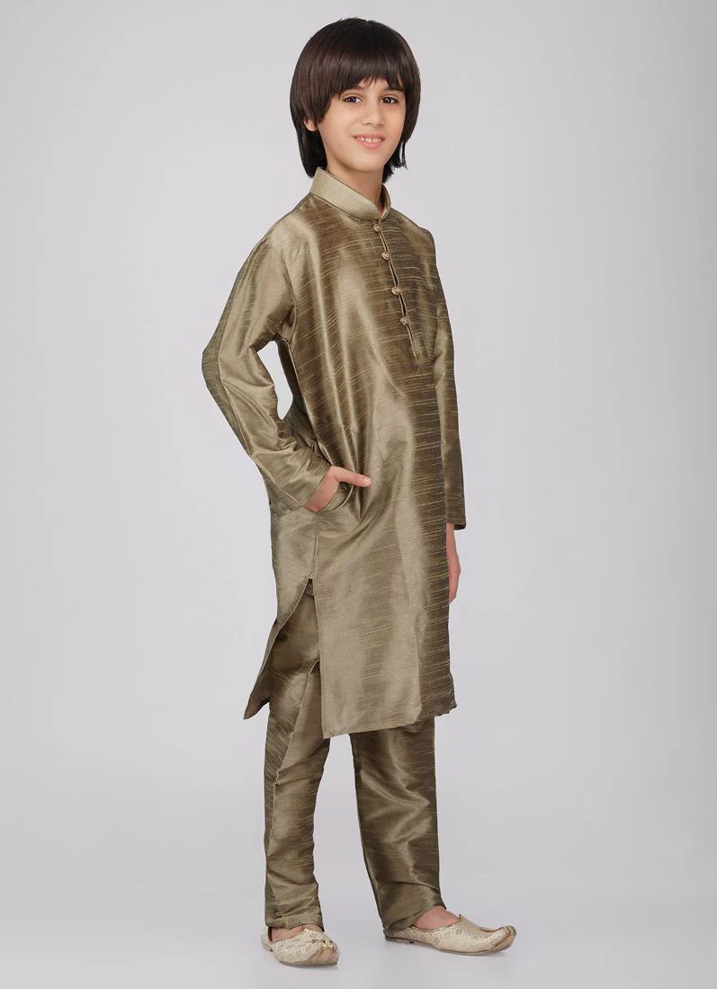 Boy's Gold Raw Silk Kurta Pajama Set - Image 3
