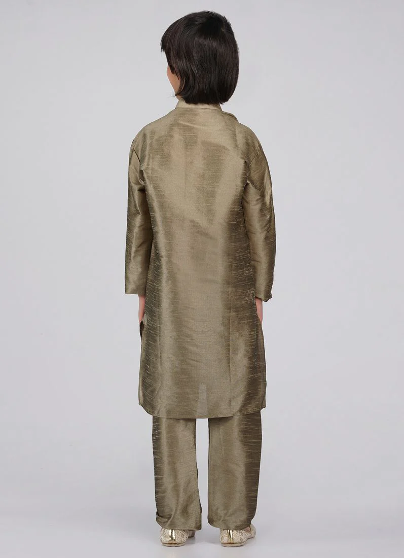 Boy's Gold Raw Silk Kurta Pajama Set - Image 4
