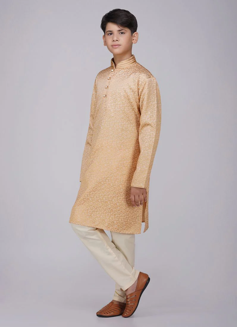 Boys Gold Resham Brocade Kurta Set - Image 2