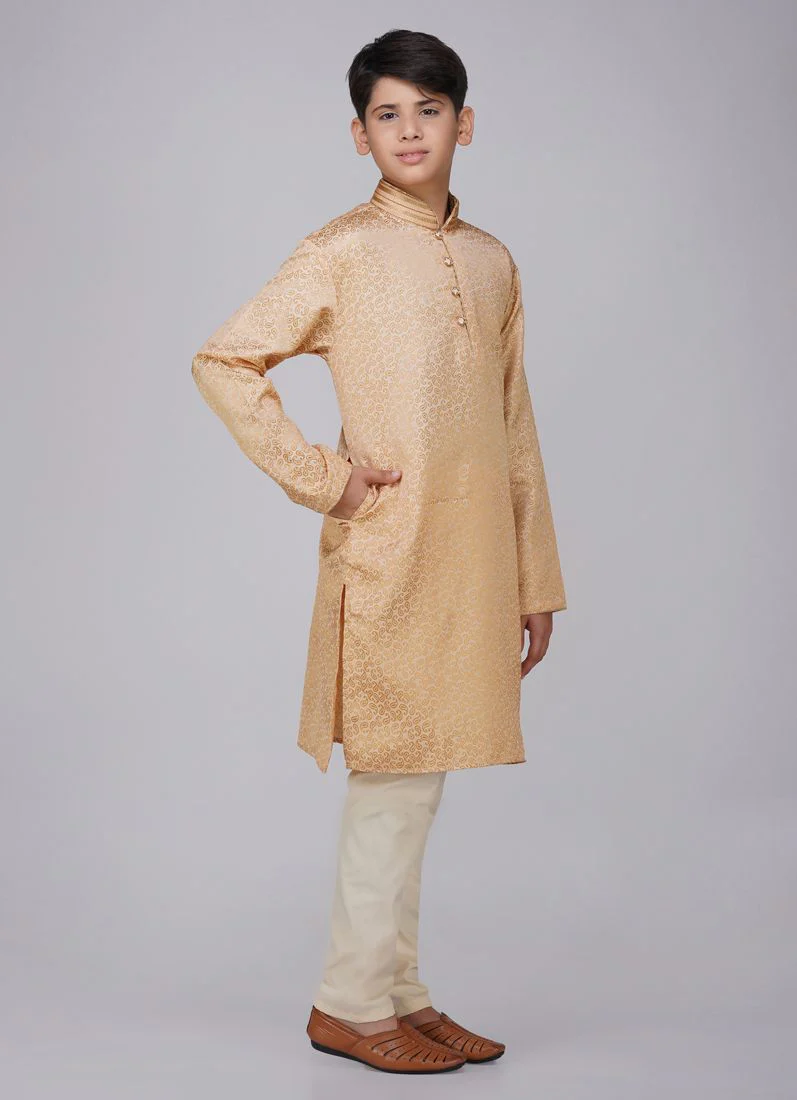 Boys Gold Resham Brocade Kurta Set - Image 3