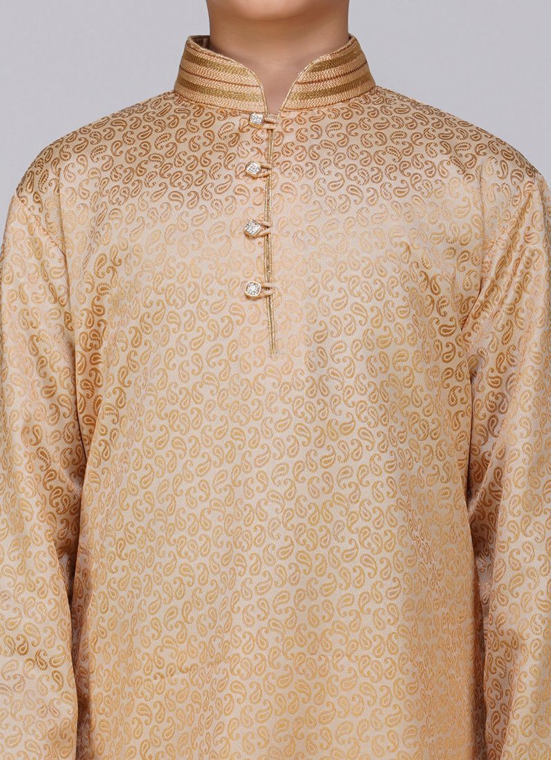 Boys Gold Resham Brocade Kurta Set - Image 4