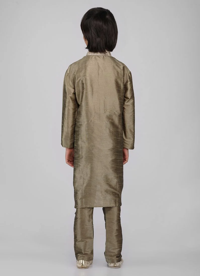 Boy's Gold Zari Embroidered Raw Silk Kurta Pajama Set - Image 3