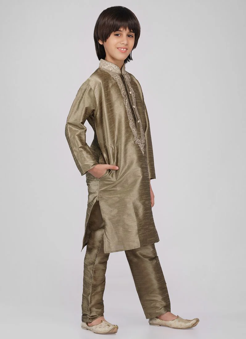Boy's Gold Zari Embroidered Raw Silk Kurta Pajama Set - Image 4