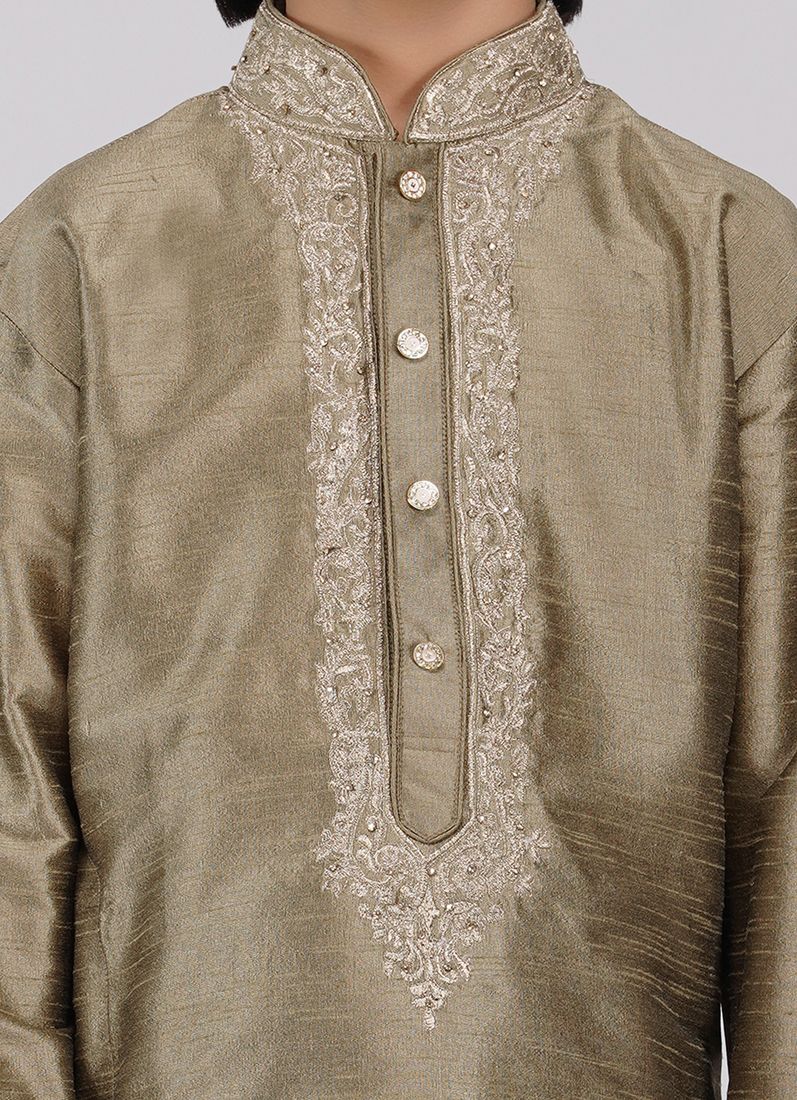 Boy's Gold Zari Embroidered Raw Silk Kurta Pajama Set - Image 5