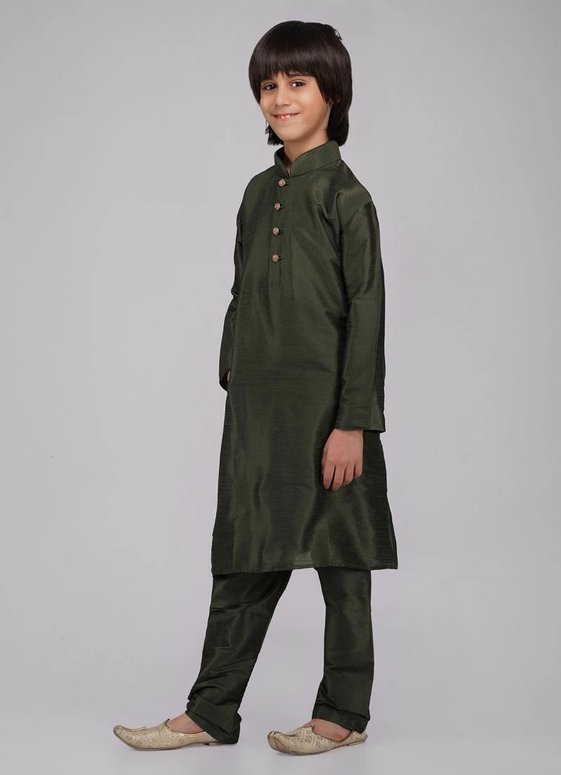 Boy's Green Raw Silk Kurta Pajama Set - Image 2