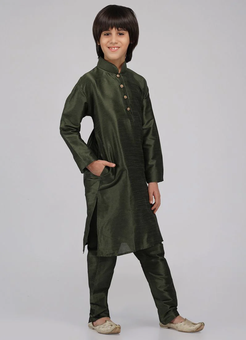 Boy's Green Raw Silk Kurta Pajama Set - Image 3