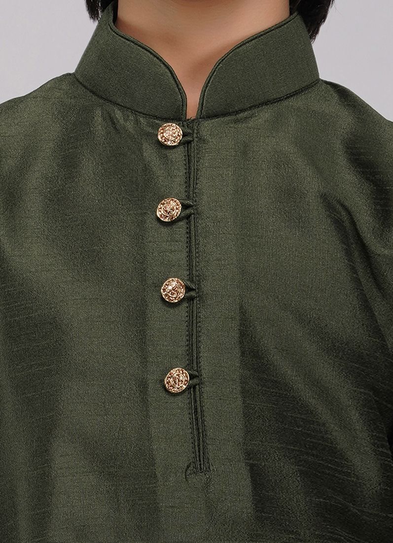 Boy's Green Raw Silk Kurta Pajama Set - Image 5