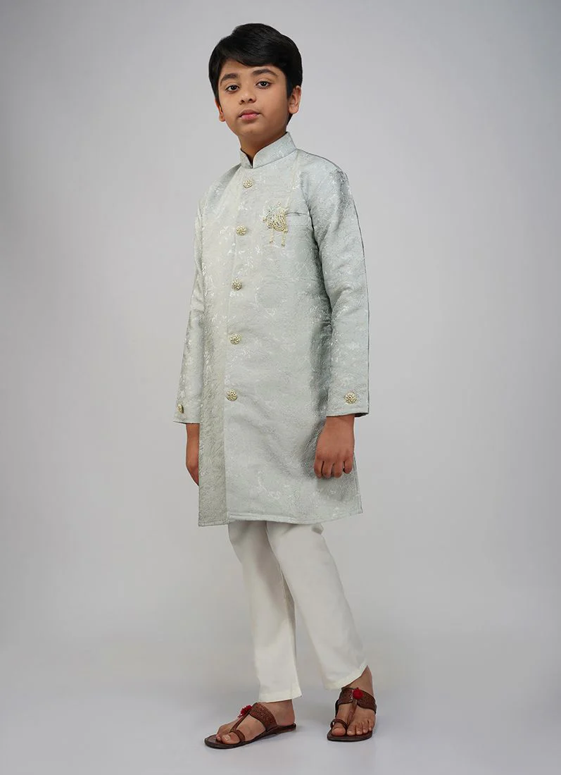 Boys Mint Brocade Semi Sherwani Set - Image 2