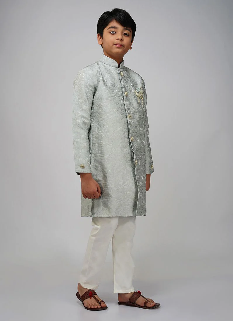 Boys Mint Brocade Semi Sherwani Set - Image 3