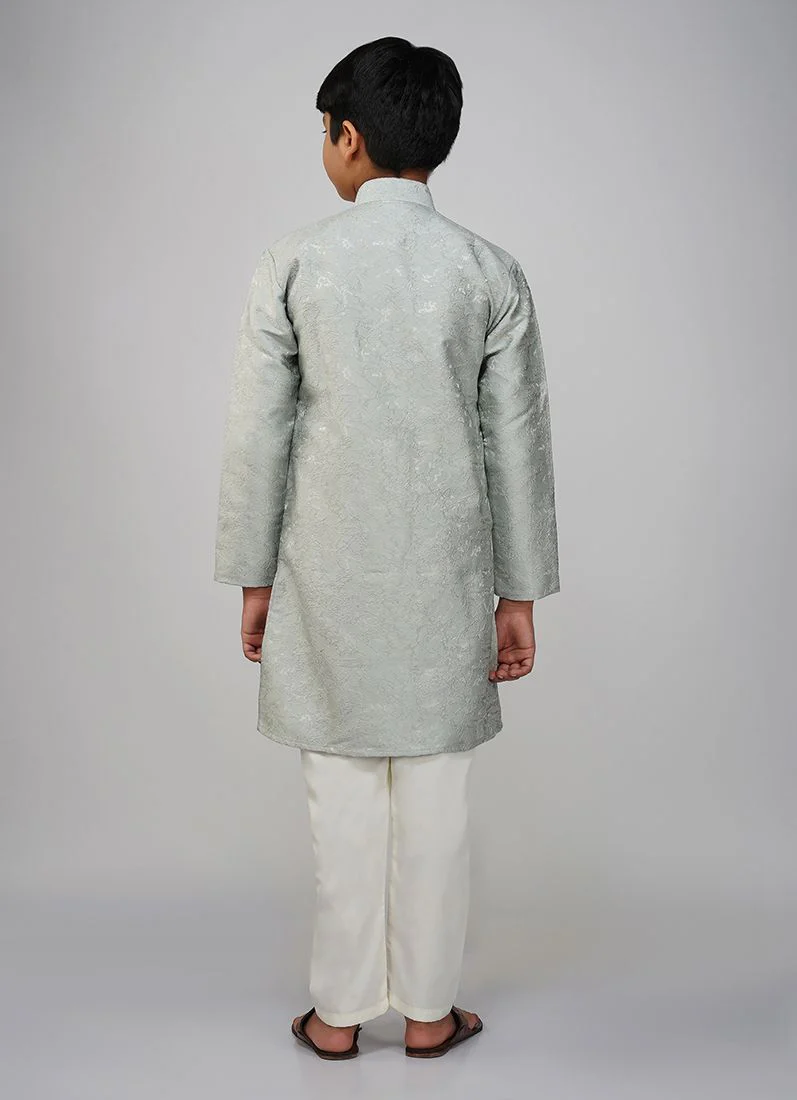 Boys Mint Brocade Semi Sherwani Set - Image 4