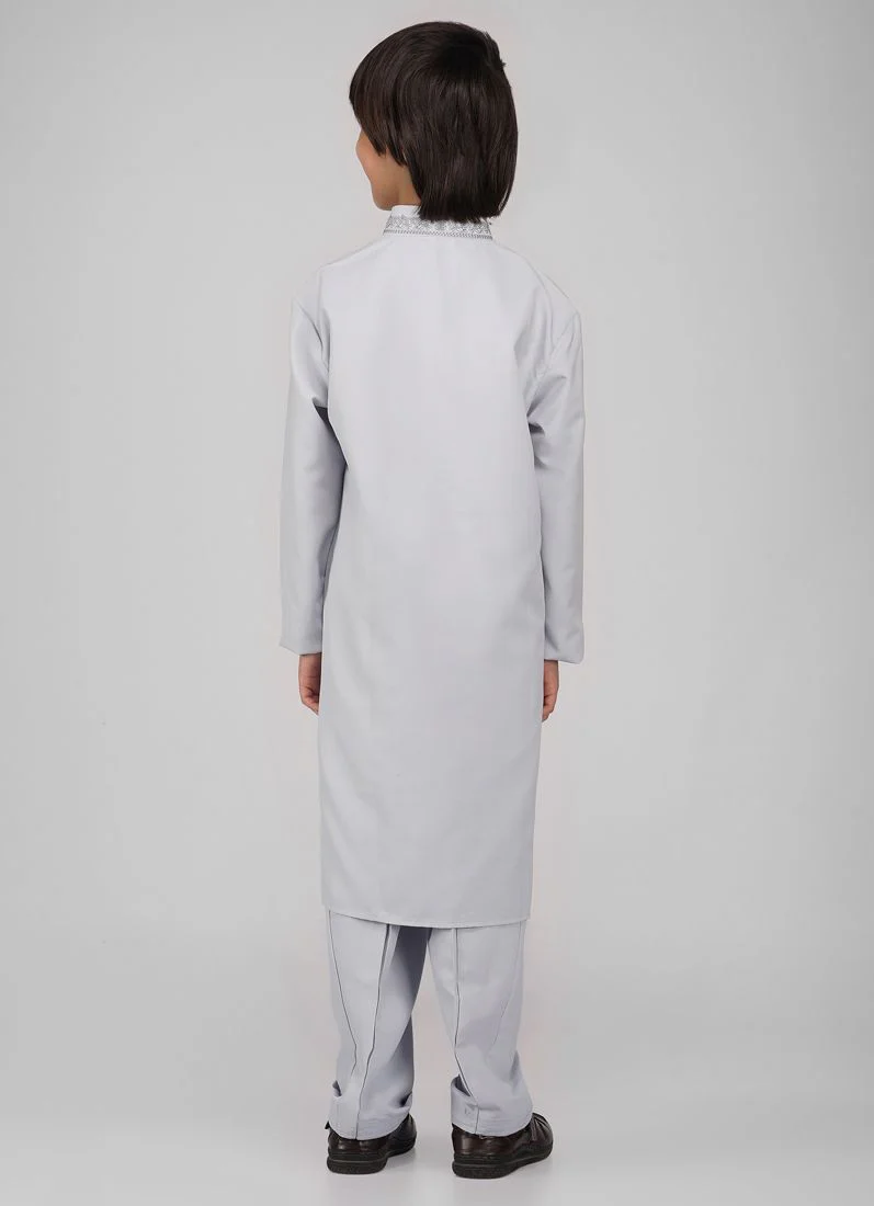 Boy's Grey Poyester Resham Thread Embroidered Kurta Salwar Set - Image 5