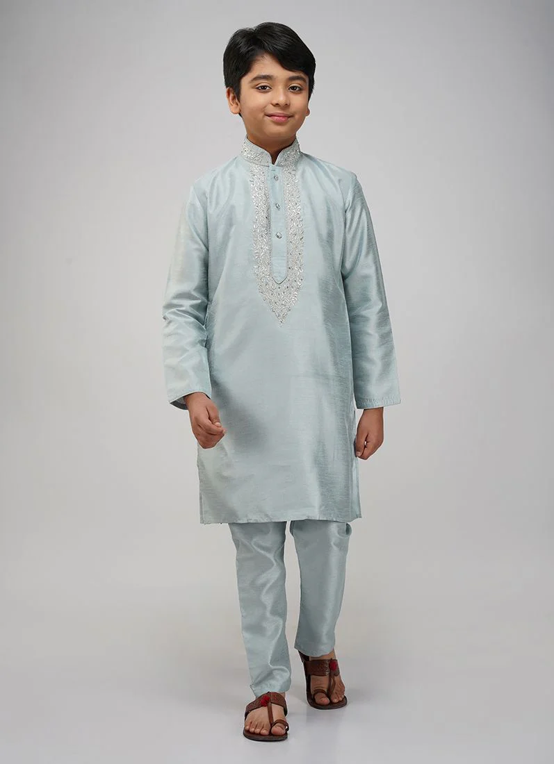 Boys Light Blue Embroidered Kurta Set - Image 2