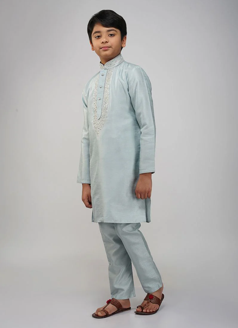 Boys Light Blue Embroidered Kurta Set - Image 3