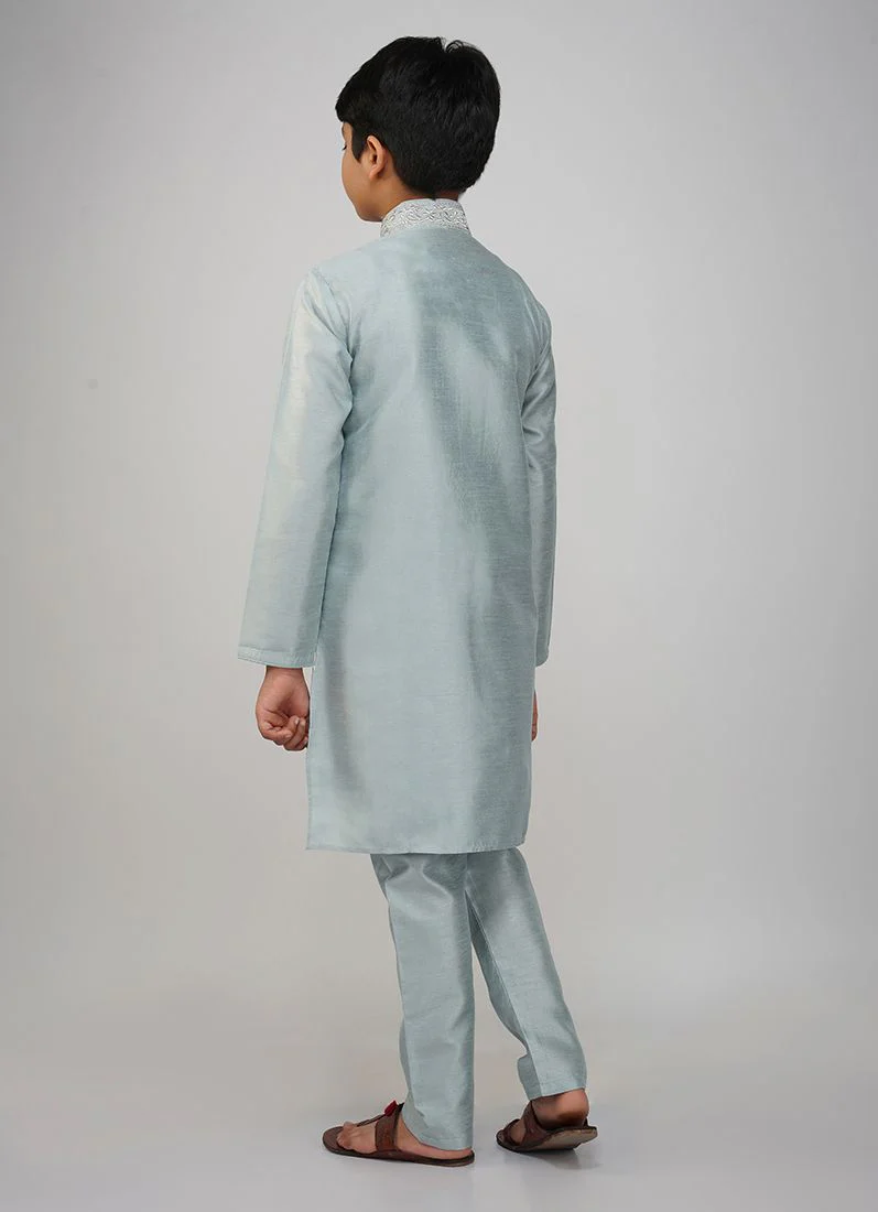 Boys Light Blue Embroidered Kurta Set - Image 4