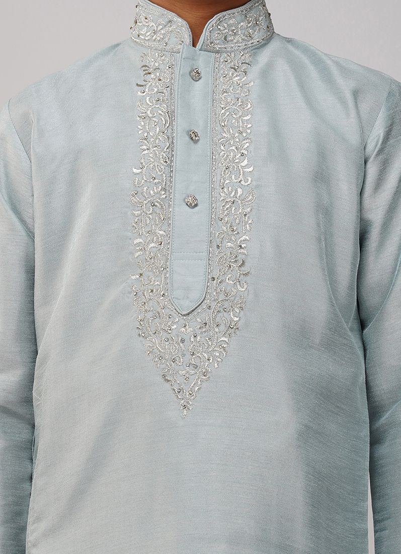 Boys Light Blue Embroidered Kurta Set - Image 5