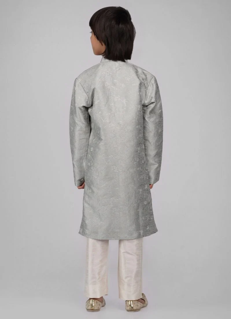 Boy's Light Blue Poly jacquard Shervani Pajama Set - Image 4