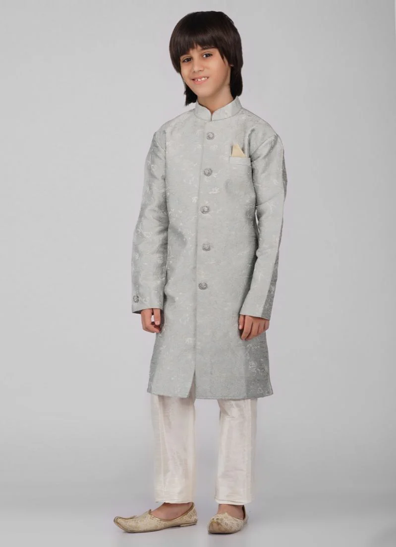 Boy's Light Blue Poly jacquard Shervani Pajama Set - Image 5