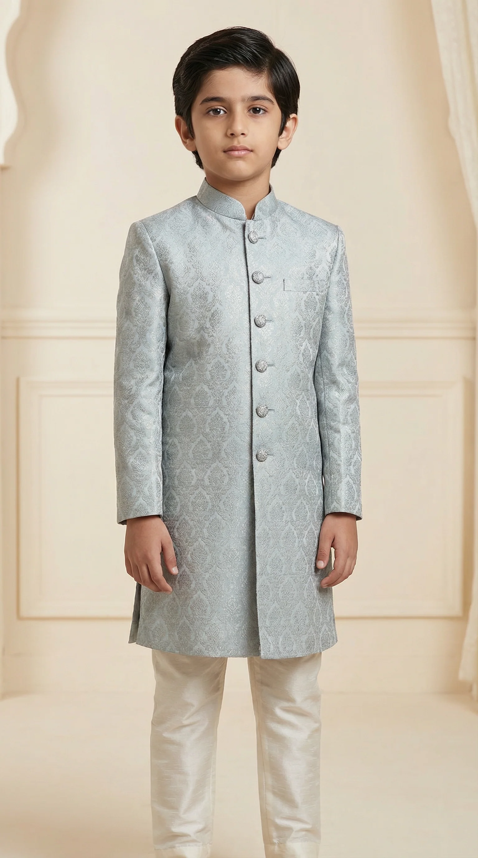 Boy's Light Blue Poly jacquard Shervani Pajama Set - Image 6