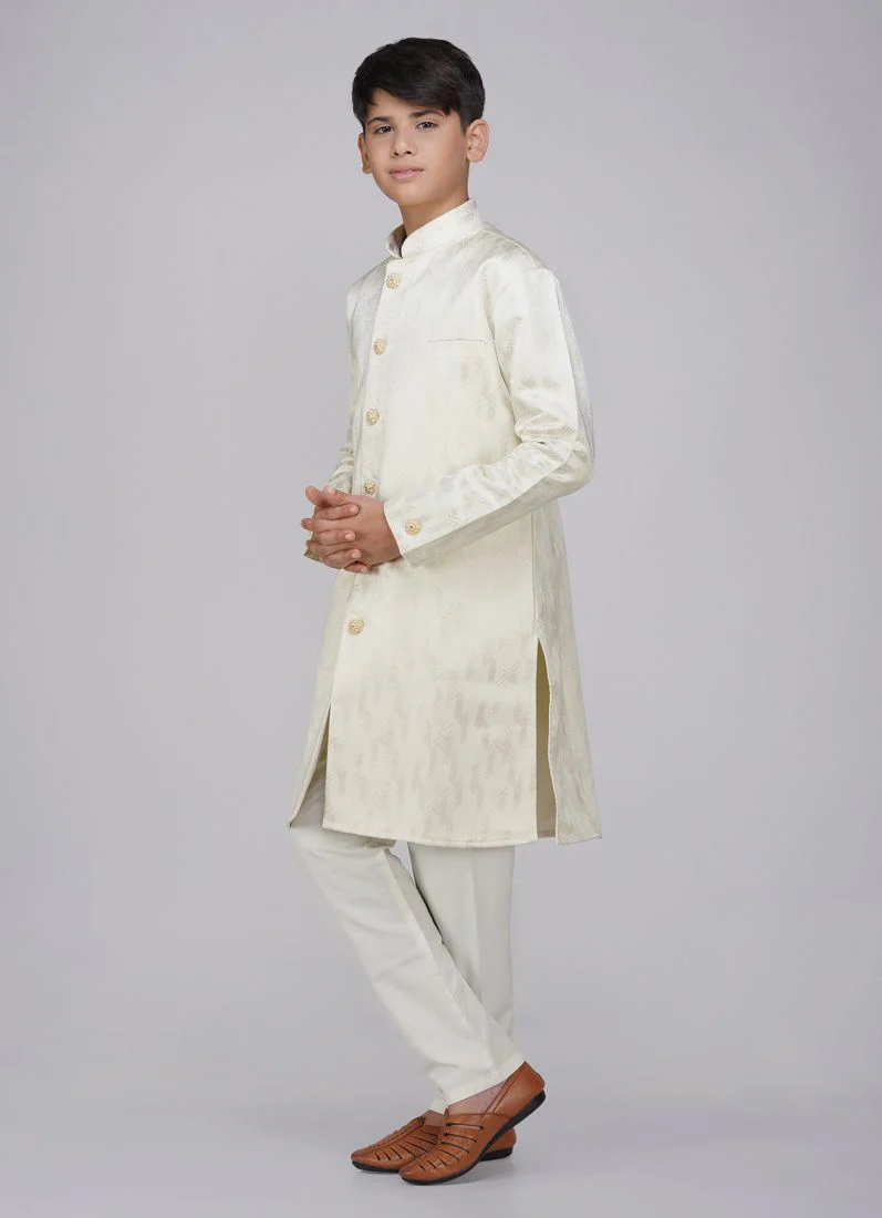 Boys Light Green Brocade Semi Sherwani Set - Image 2
