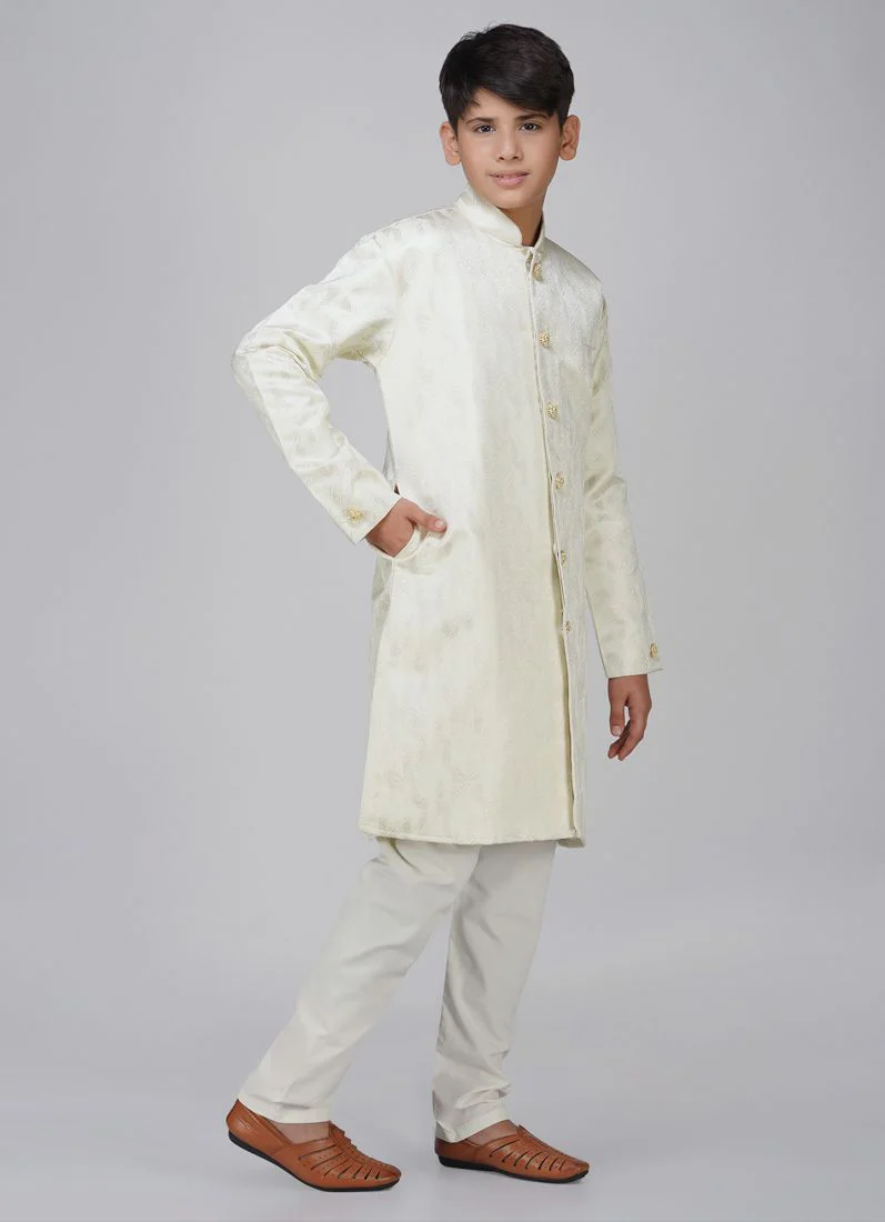 Boys Light Green Brocade Semi Sherwani Set - Image 3