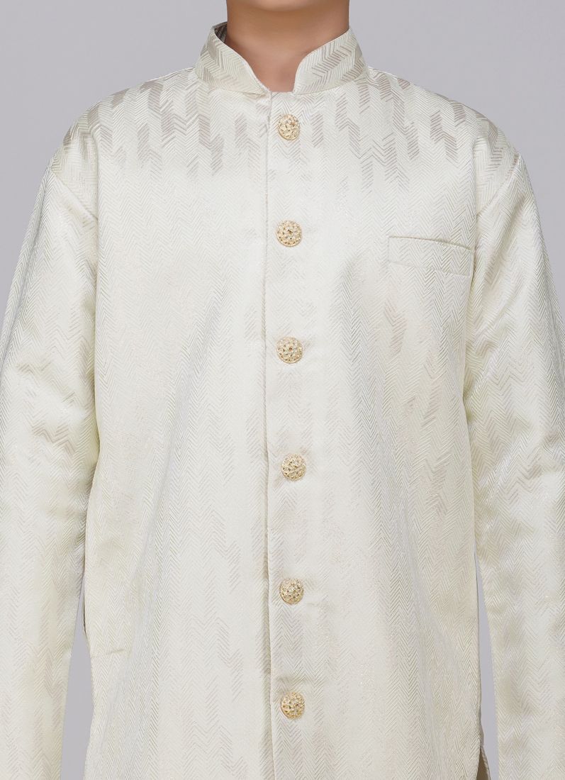 Boys Light Green Brocade Semi Sherwani Set - Image 4