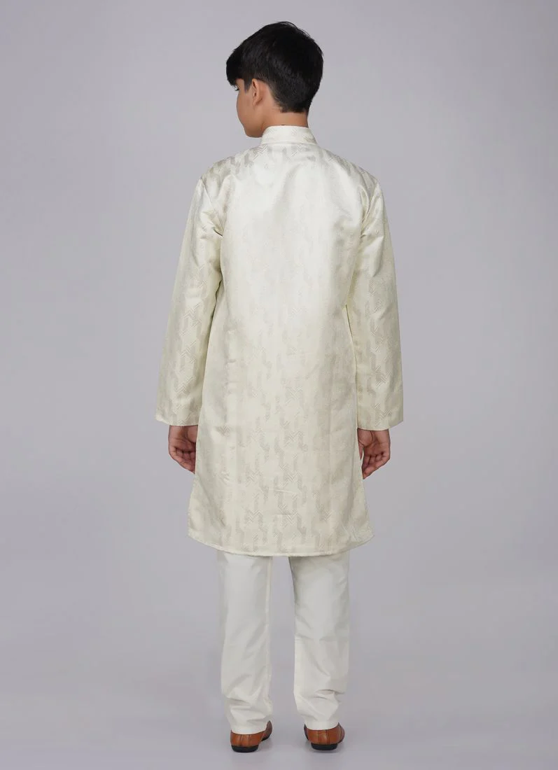 Boys Light Green Brocade Semi Sherwani Set - Image 5