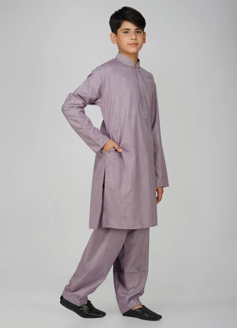 Boys Lilac Cotton Kurta Pajama Set - Image 3