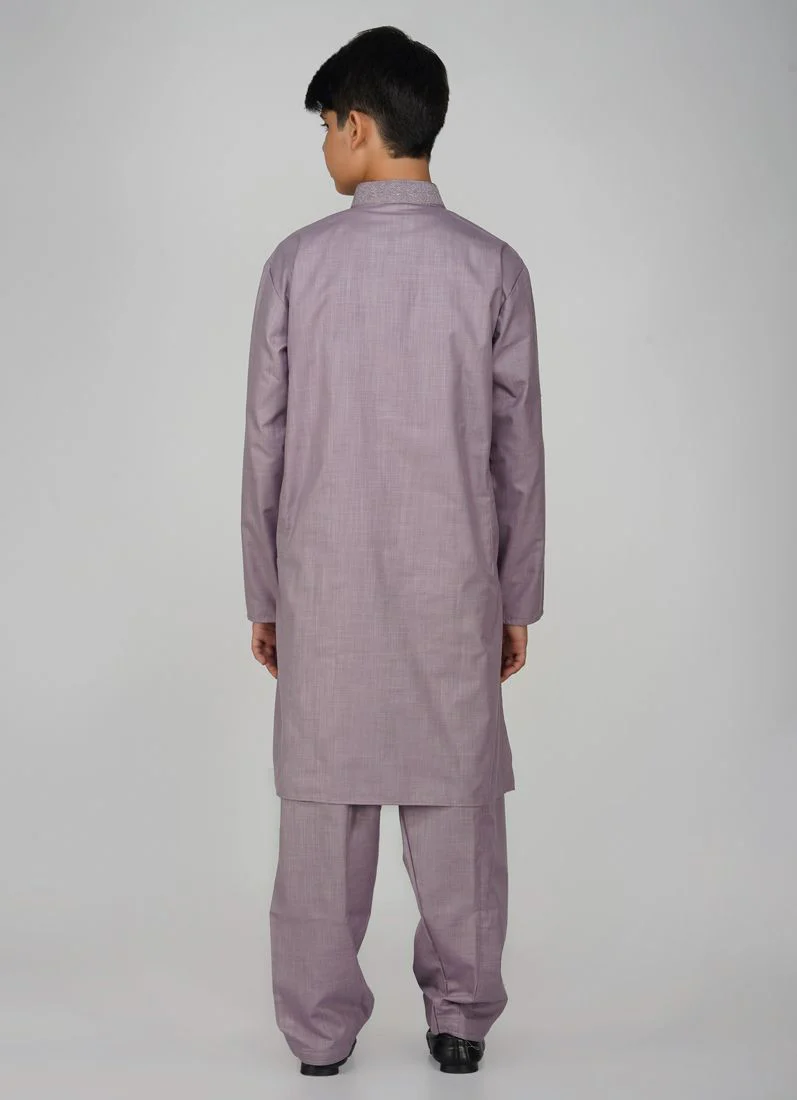 Boys Lilac Cotton Kurta Pajama Set - Image 5