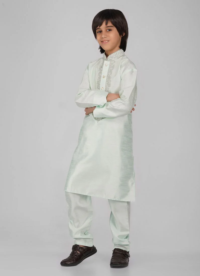 Boy's Mint Green Zari Embroidered Raw Silk Kurta Pajama Set - Image 2