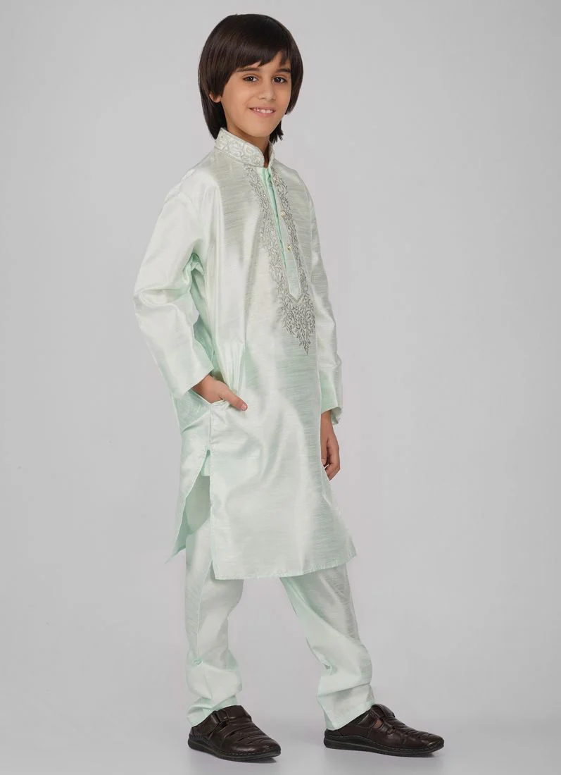 Boy's Mint Green Zari Embroidered Raw Silk Kurta Pajama Set - Image 3