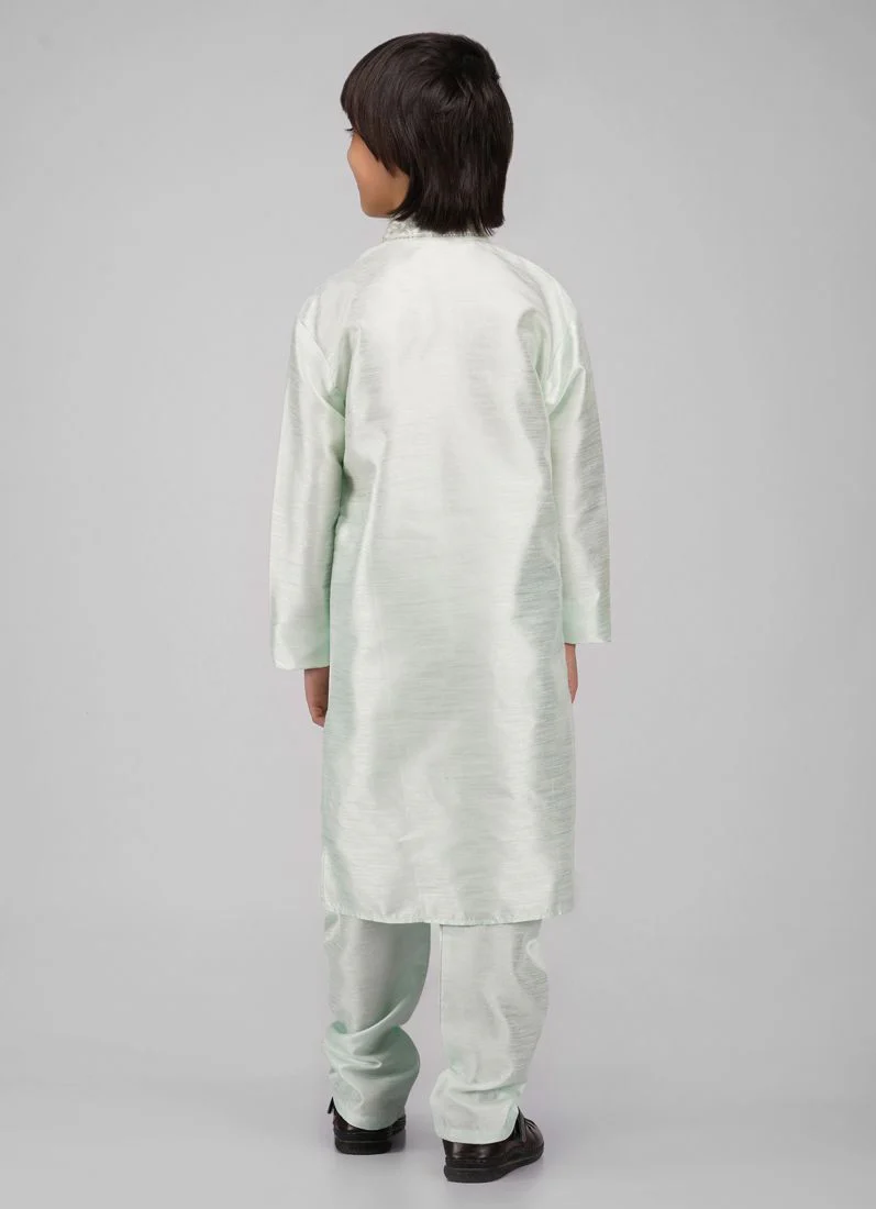 Boy's Mint Green Zari Embroidered Raw Silk Kurta Pajama Set - Image 4