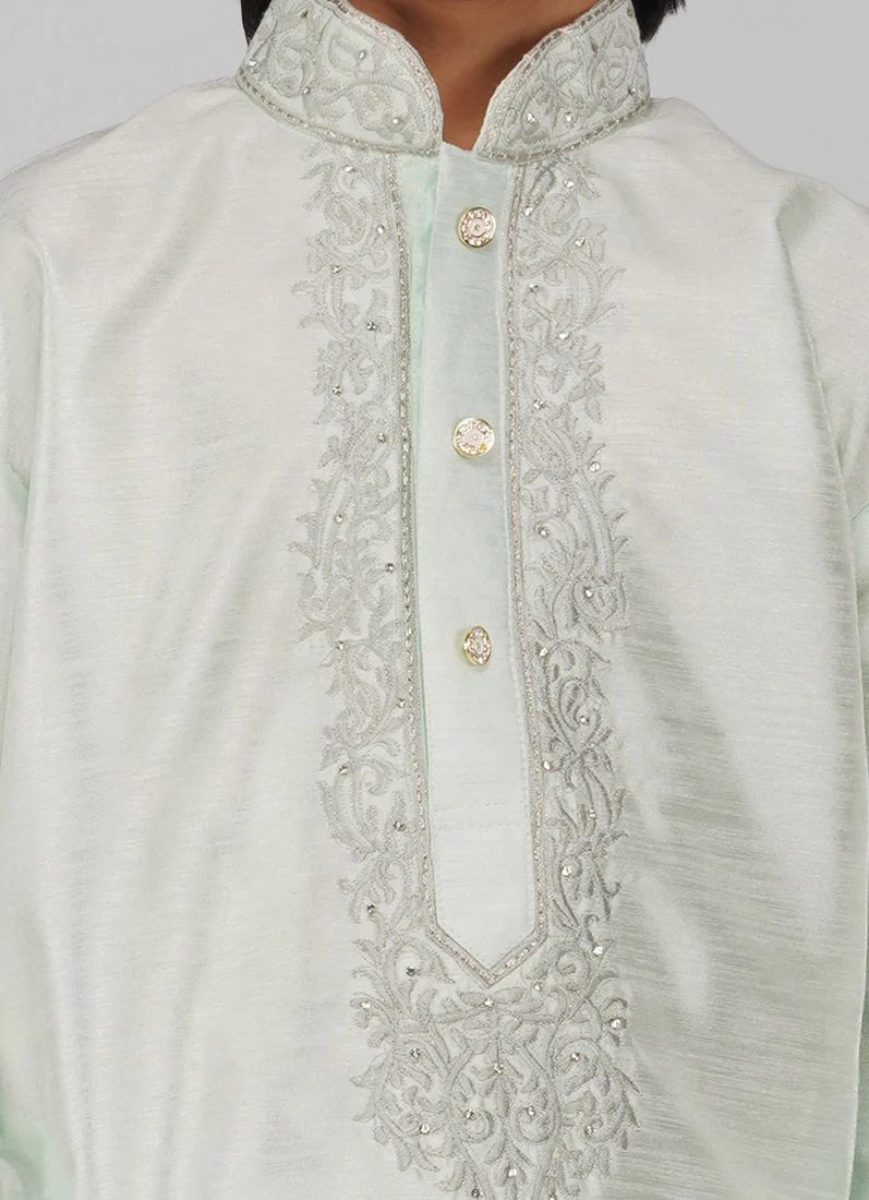 Boy's Mint Green Zari Embroidered Raw Silk Kurta Pajama Set - Image 5