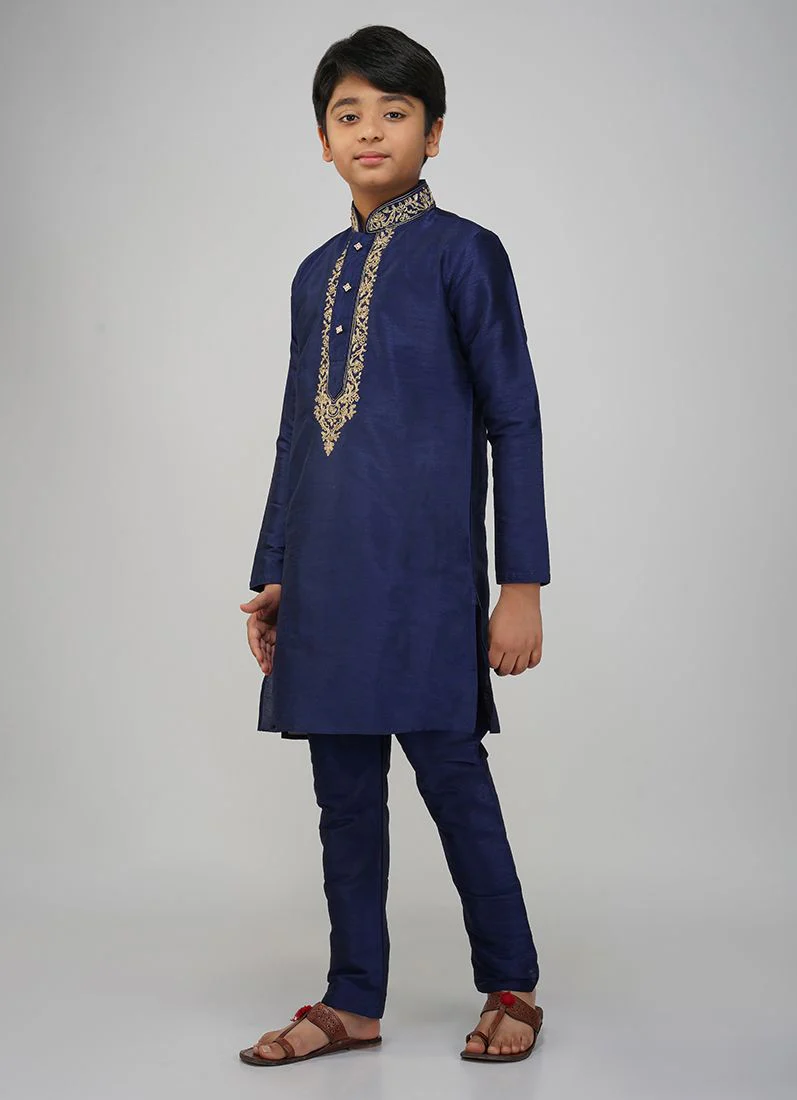 Boys Navy Blue Dupion Kurta Set - Image 2