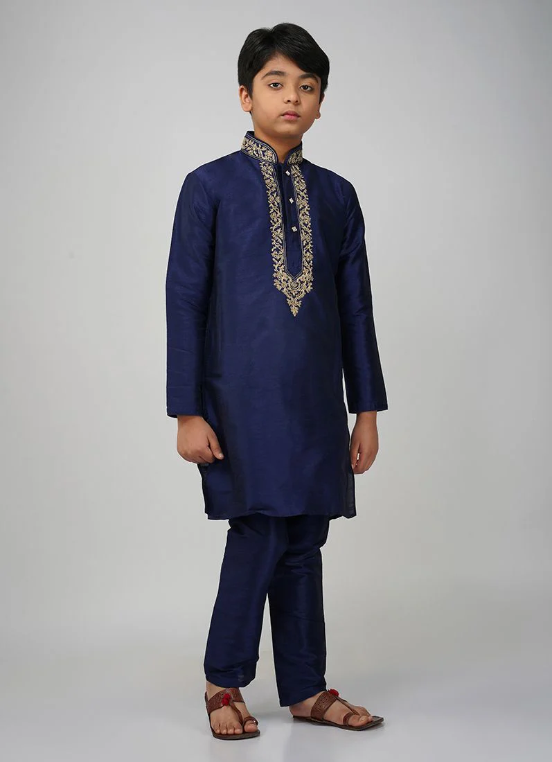 Boys Navy Blue Dupion Kurta Set - Image 3