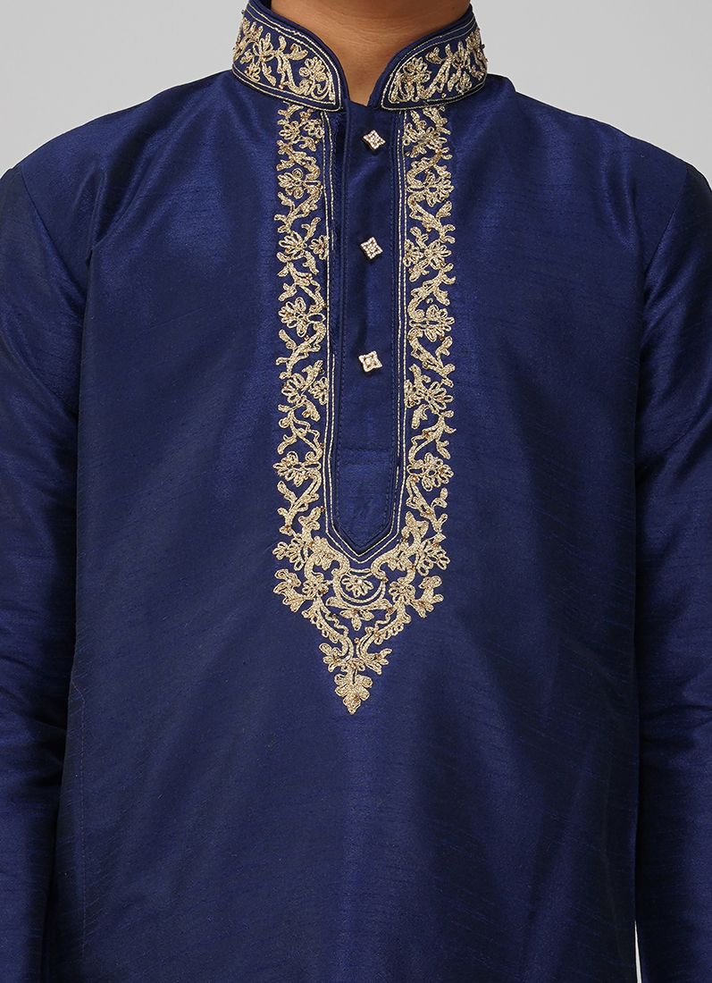 Boys Navy Blue Dupion Kurta Set - Image 4