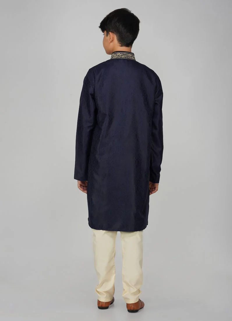 Boys Navy Blue Embroidered Kurta Pajama Set - Image 2