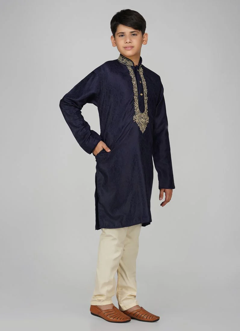 Boys Navy Blue Embroidered Kurta Pajama Set - Image 3