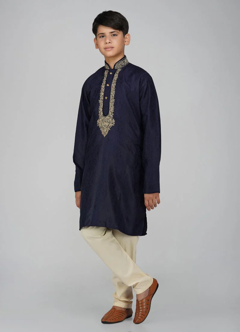 Boys Navy Blue Embroidered Kurta Pajama Set - Image 4