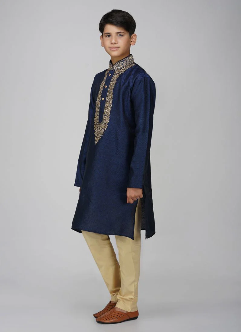 Boys Navy Blue Polyester Kurta Set - Image 2