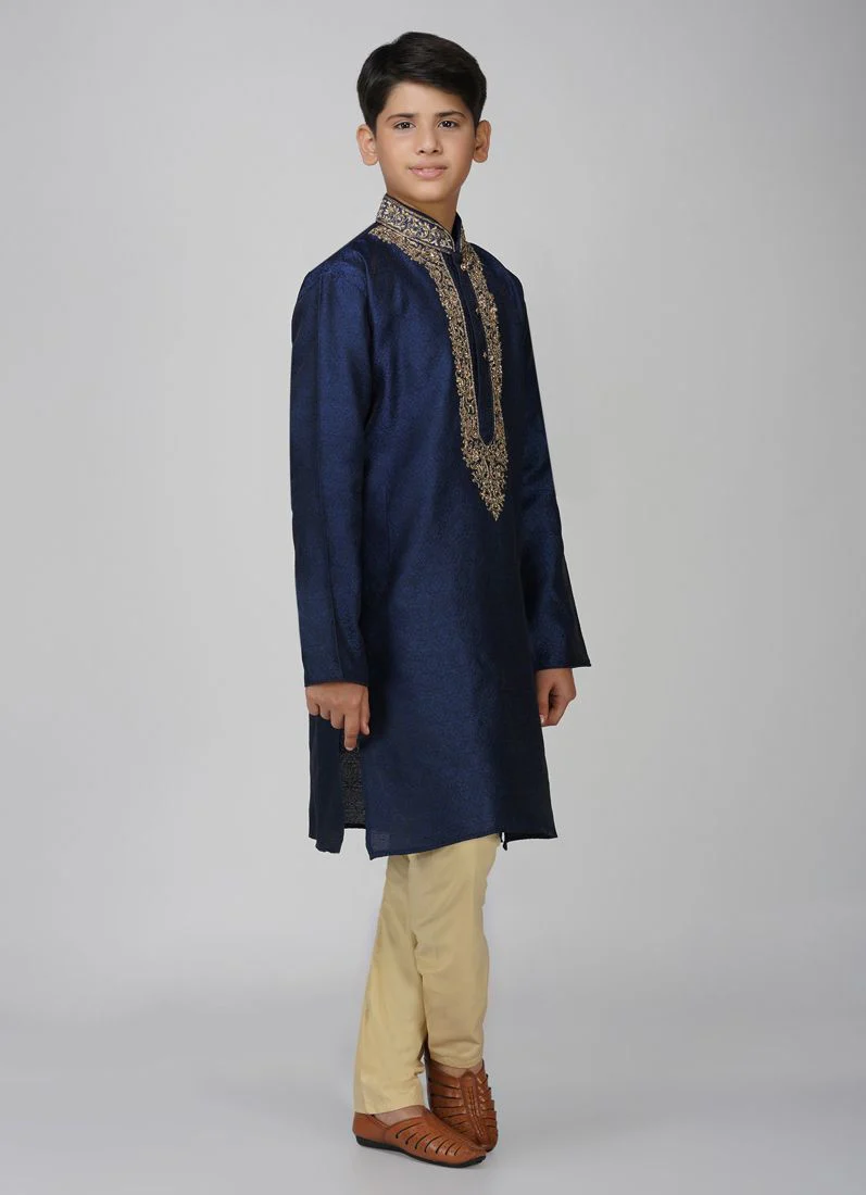 Boys Navy Blue Polyester Kurta Set - Image 3