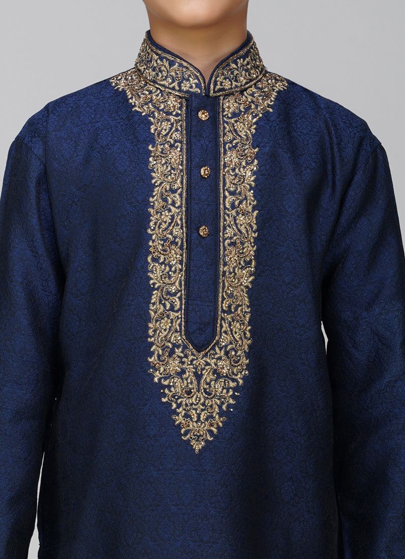 Boys Navy Blue Polyester Kurta Set - Image 4