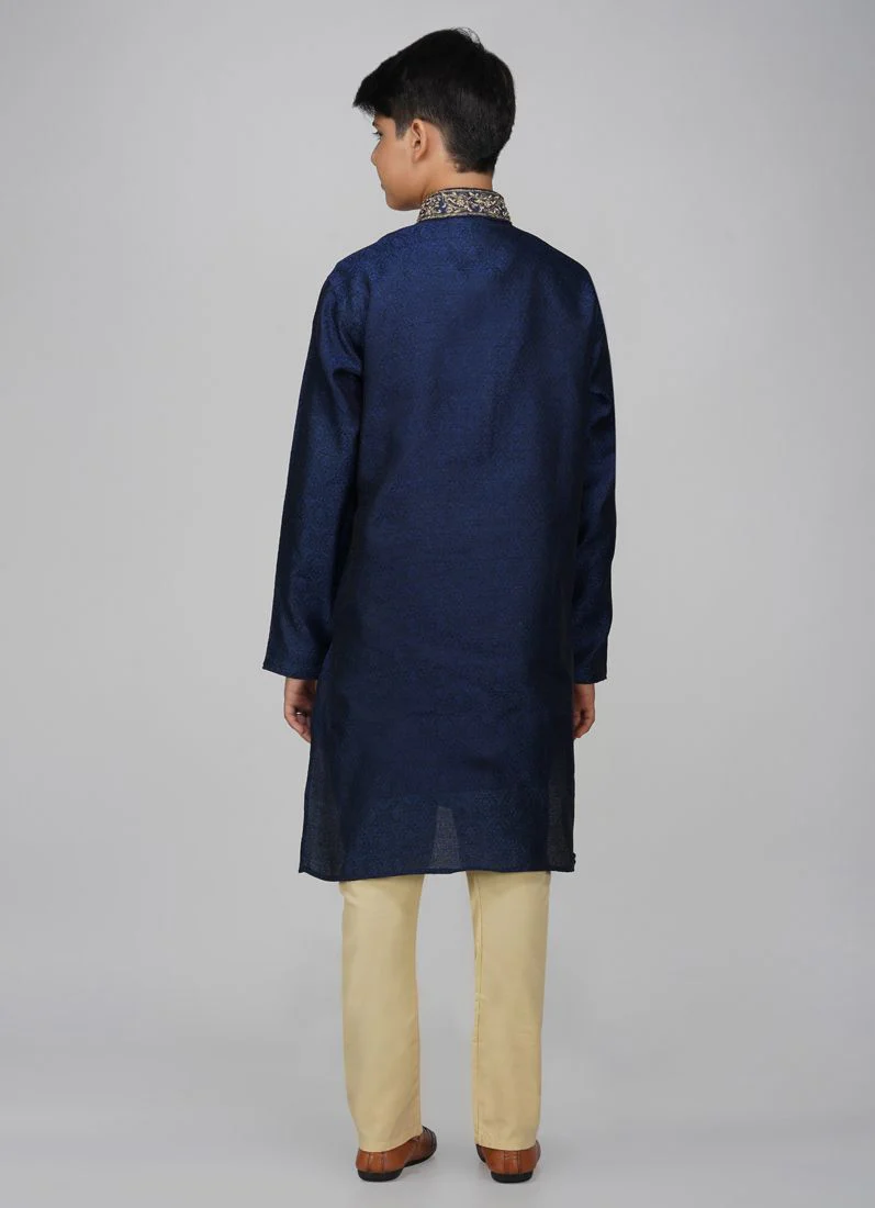 Boys Navy Blue Polyester Kurta Set - Image 5