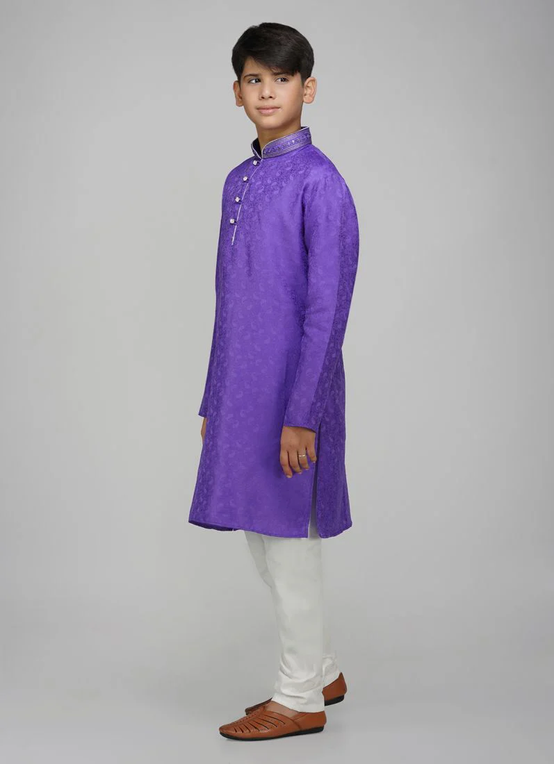 Boy's Navy Blue Resham Brocade Kurta Set - Image 2