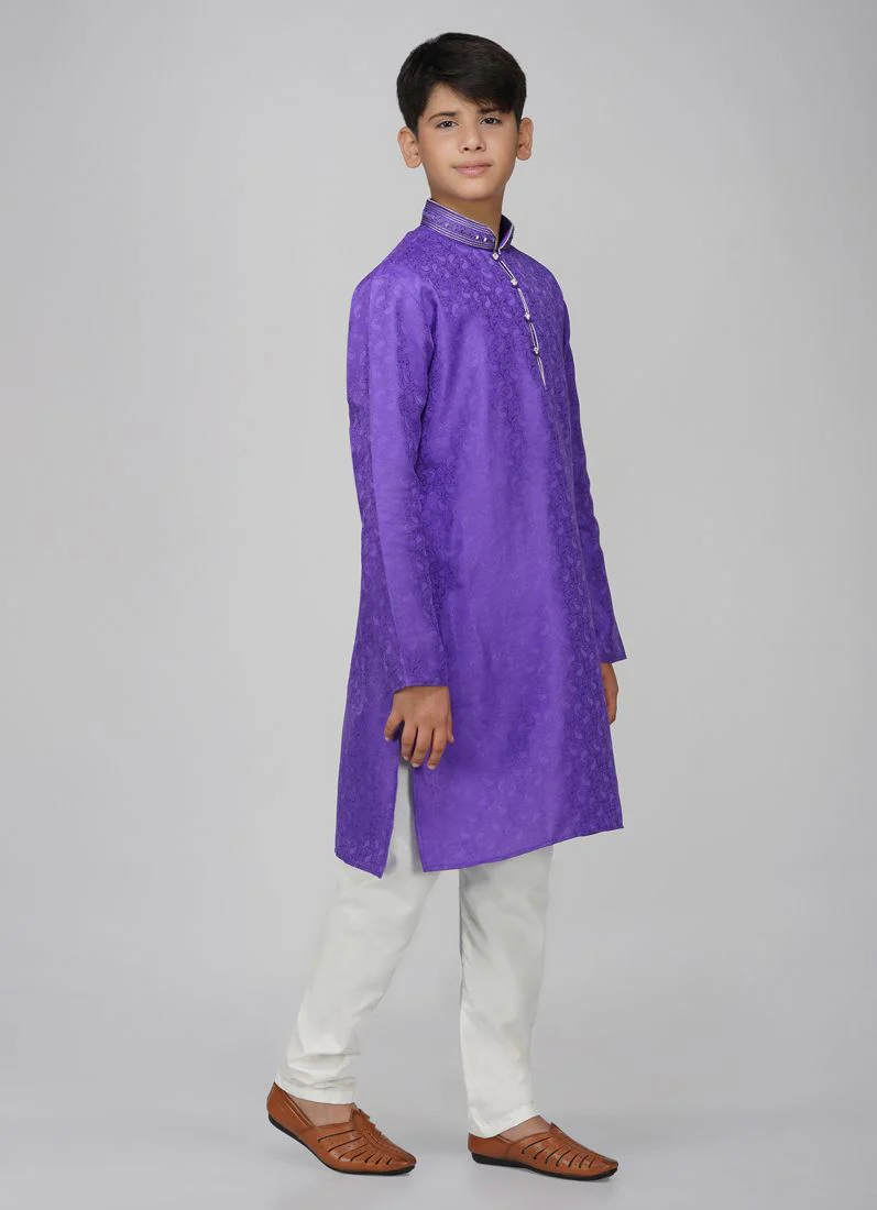Boy's Navy Blue Resham Brocade Kurta Set - Image 3