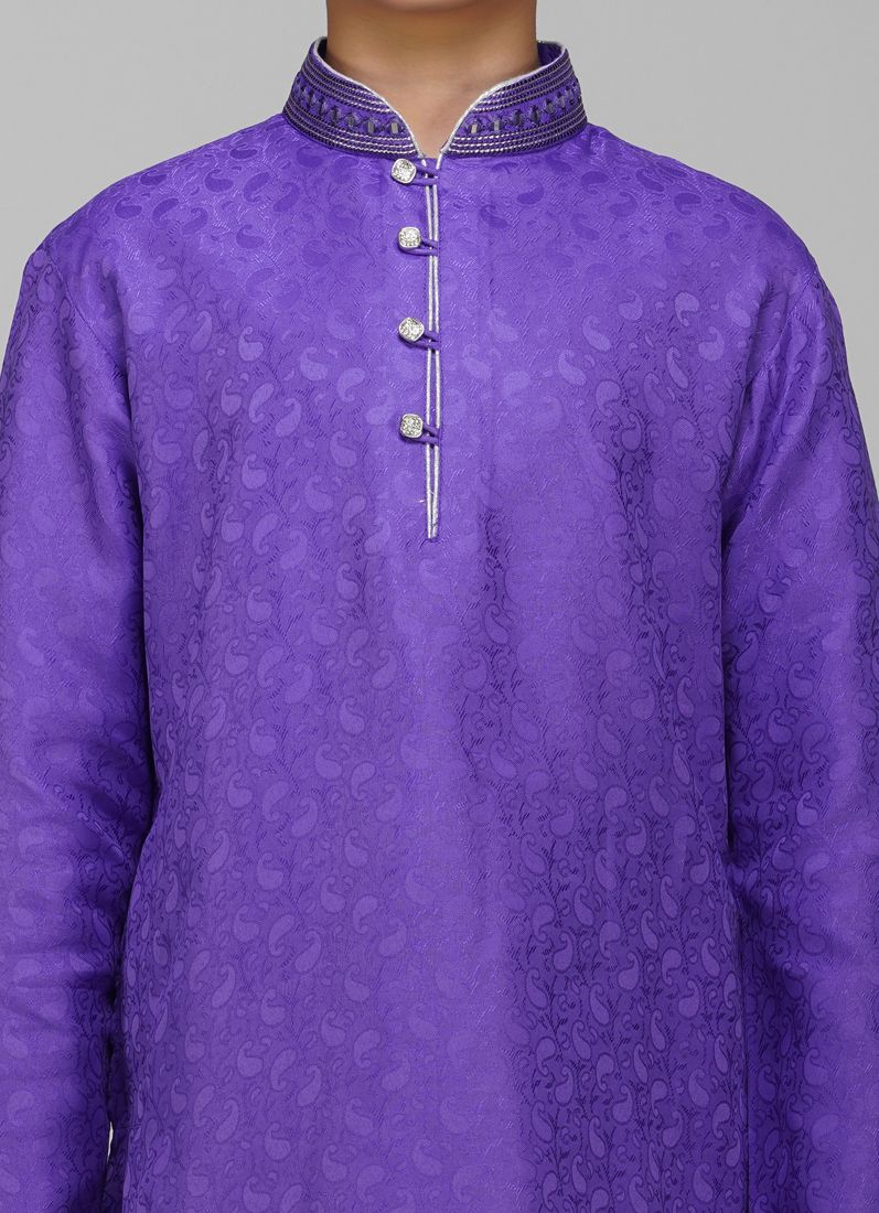 Boy's Navy Blue Resham Brocade Kurta Set - Image 4