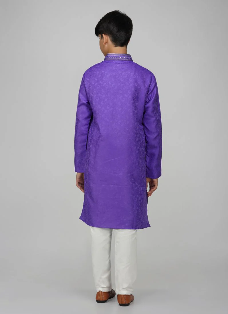 Boy's Navy Blue Resham Brocade Kurta Set - Image 5