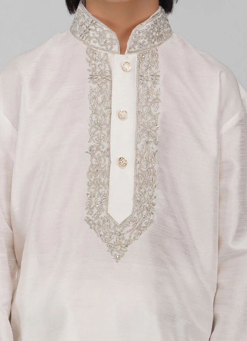 Boy's Off-White Zari Embroidered Raw Silk Kurta Pajama Set - Image 5