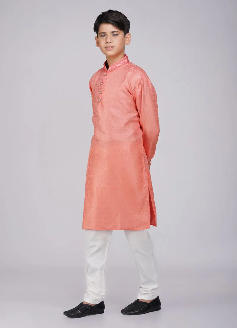Boys Orange Resham Embroidered Kurta Set - Image 2